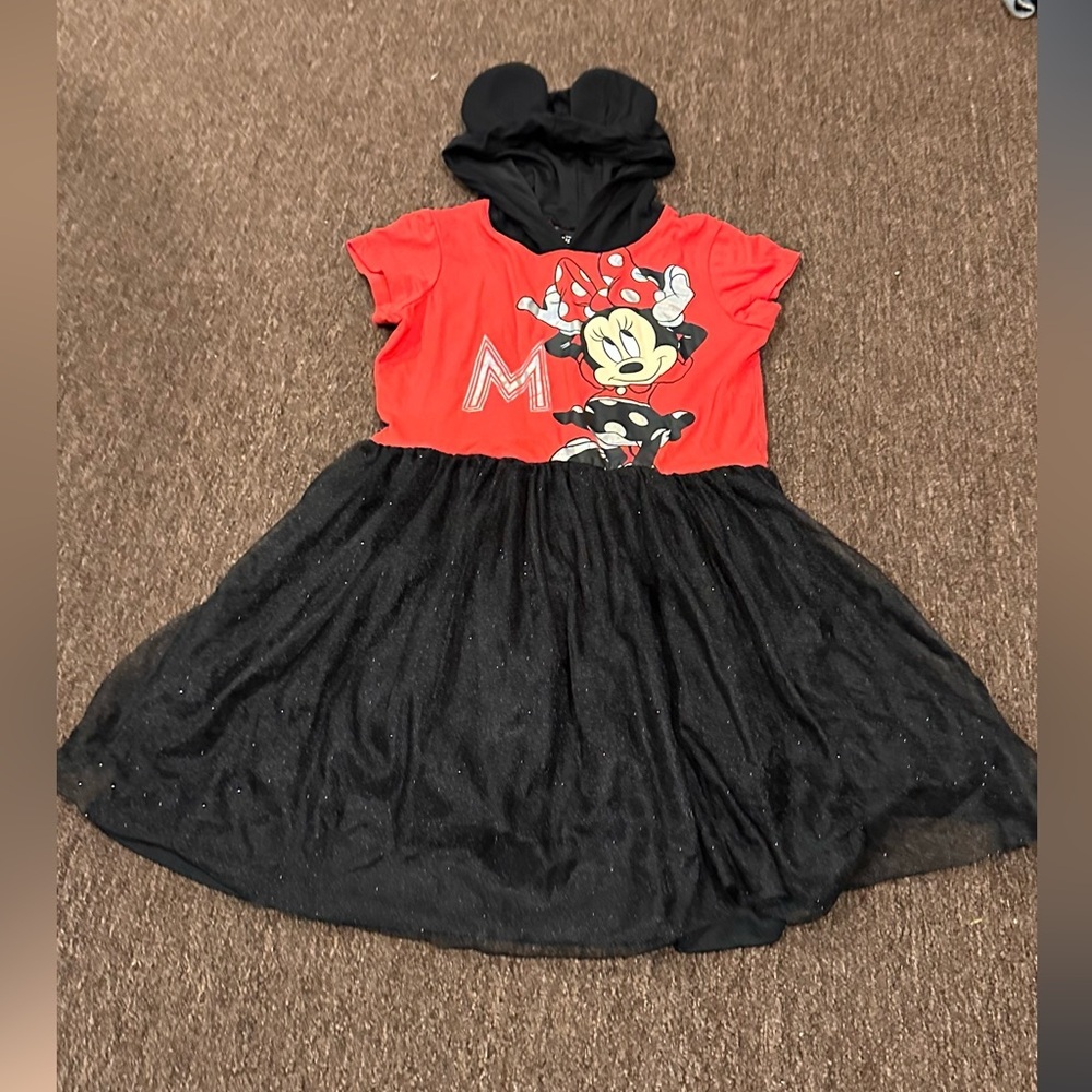 EUC Girls Disney hooded Minnie Mouse dress short sleeve tulle bottom 14-16 XL